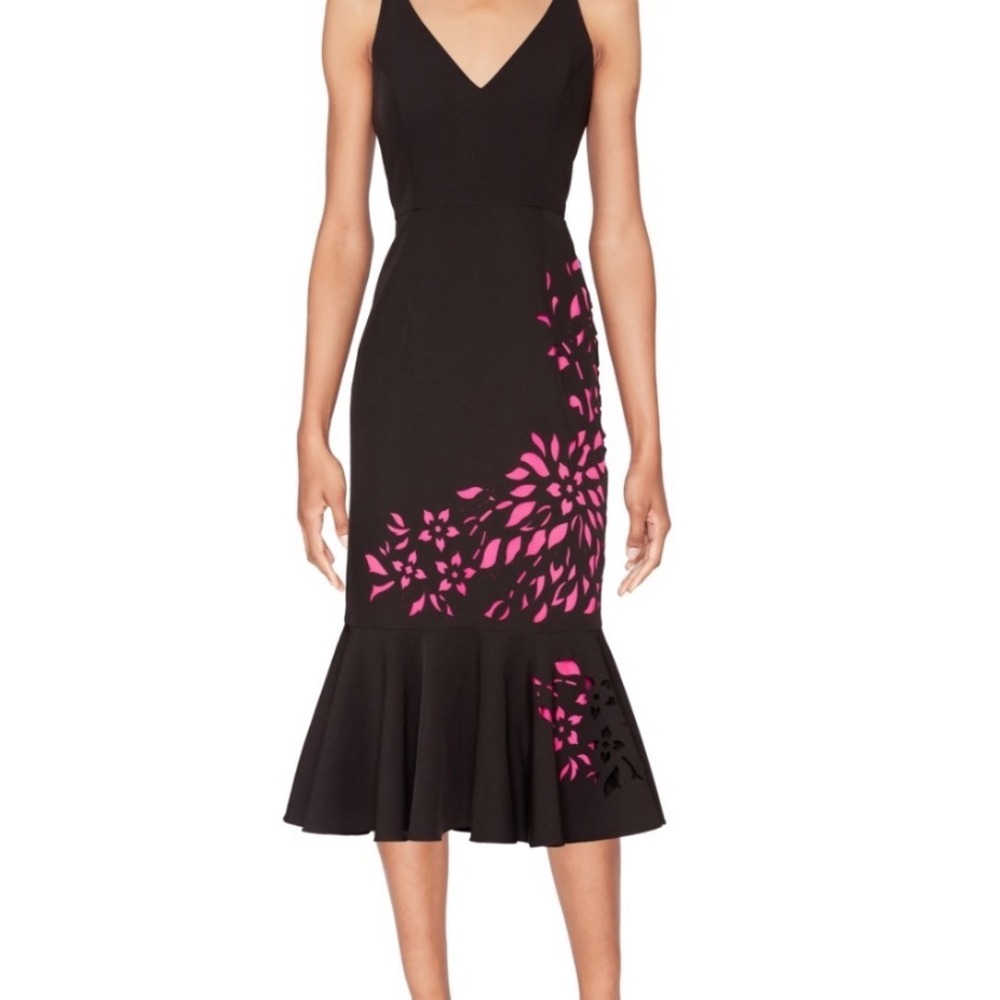 White Tie by Shani Dress 10 NWT Black Pink Laser Cut Floral Mermaid Midi $169